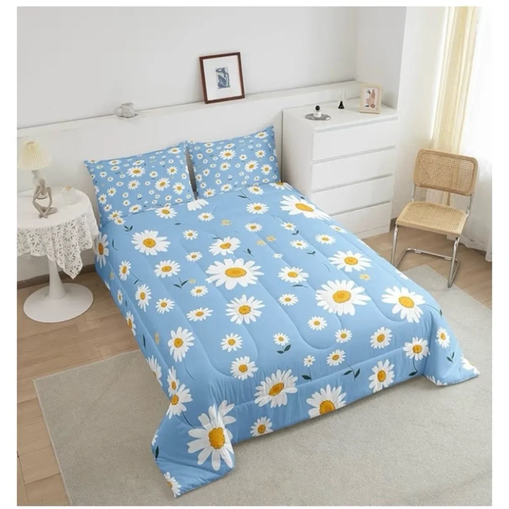 White Daisy Comforter Set Full Size, Botanical Garden Artwork with 2 Pillowcases
